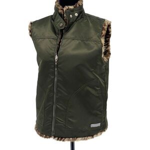 Guess Womens Faux Fur Vest Animal Print Reversible Full Zip Tan‎ Green Medium